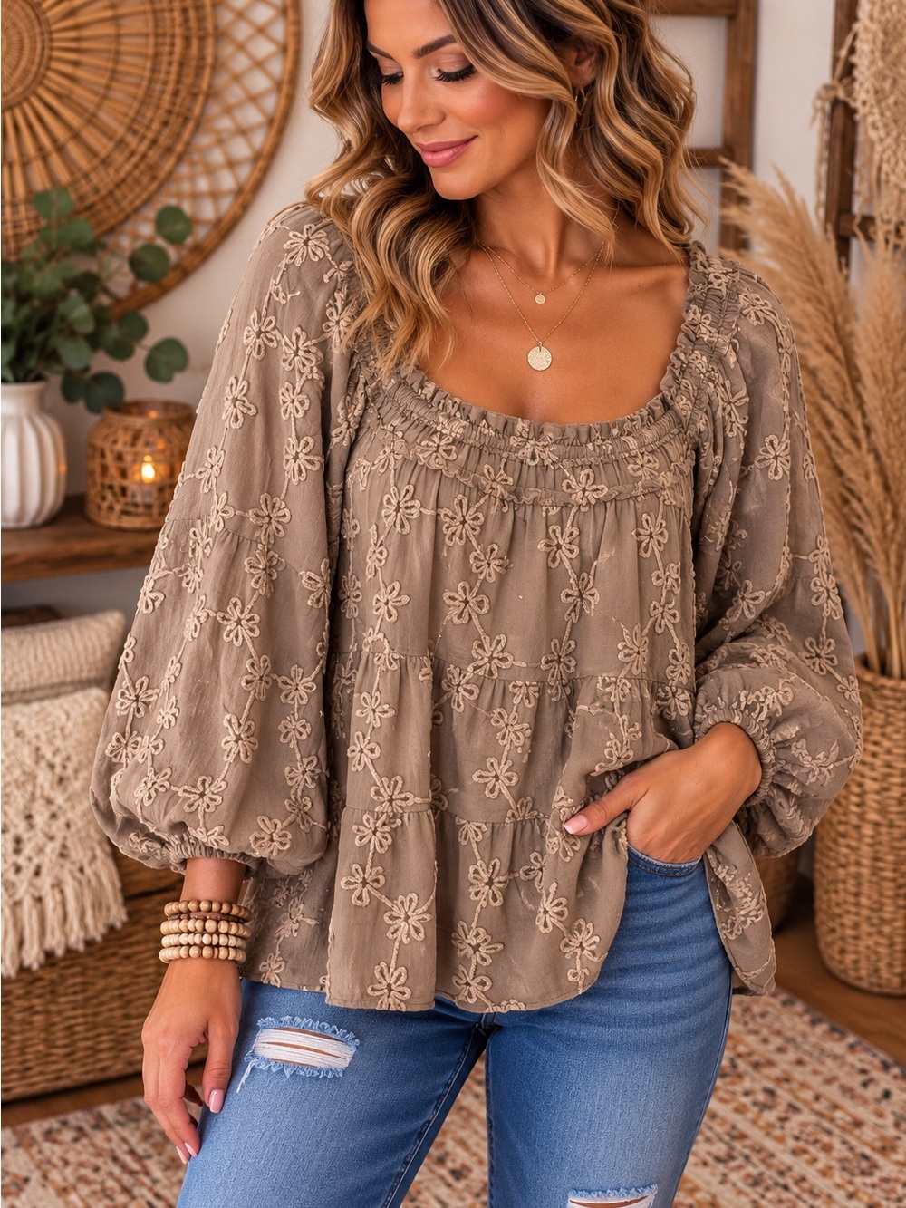 Embroidered Taupe Peasant Blouse with Balloon Sleeves